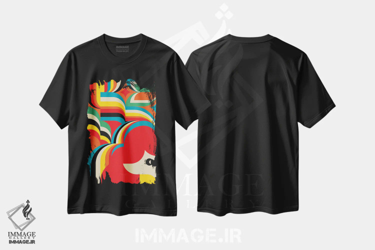 تیشرت مشکی طرح دار شخصیت و منظره رنگارنگ، آبستره اثر جن دو | immage.ir