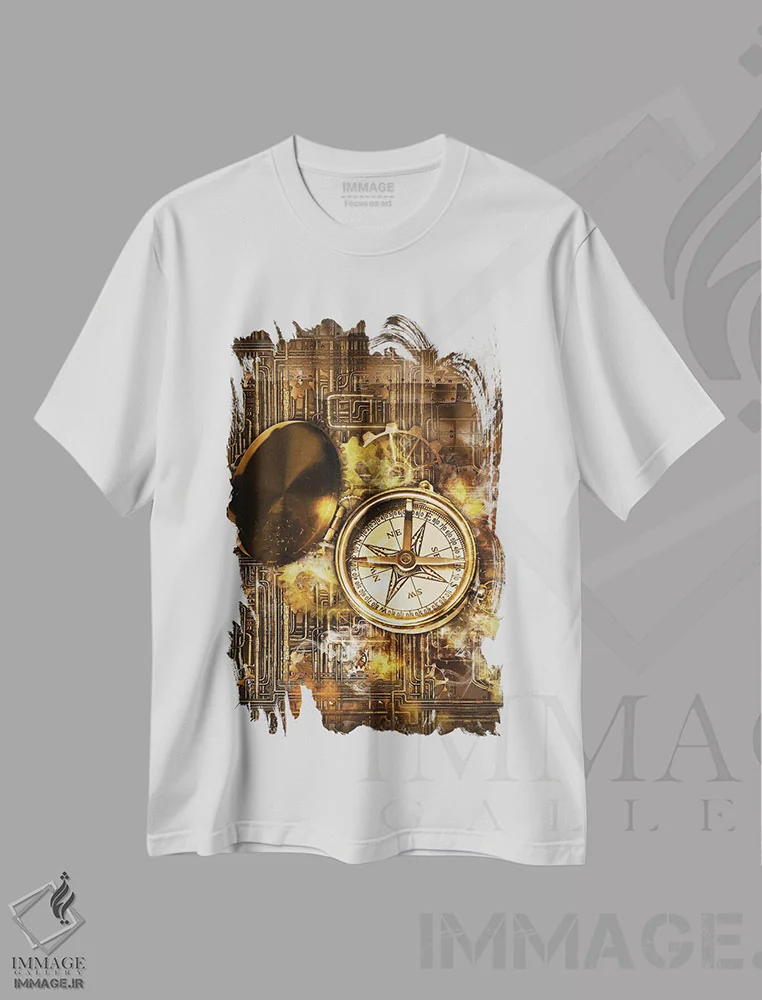 تیشرت سفید طرح دار قطب نما استیم پانک، دکوراسیون جایگزین اثر دورو آرت | immage.ir