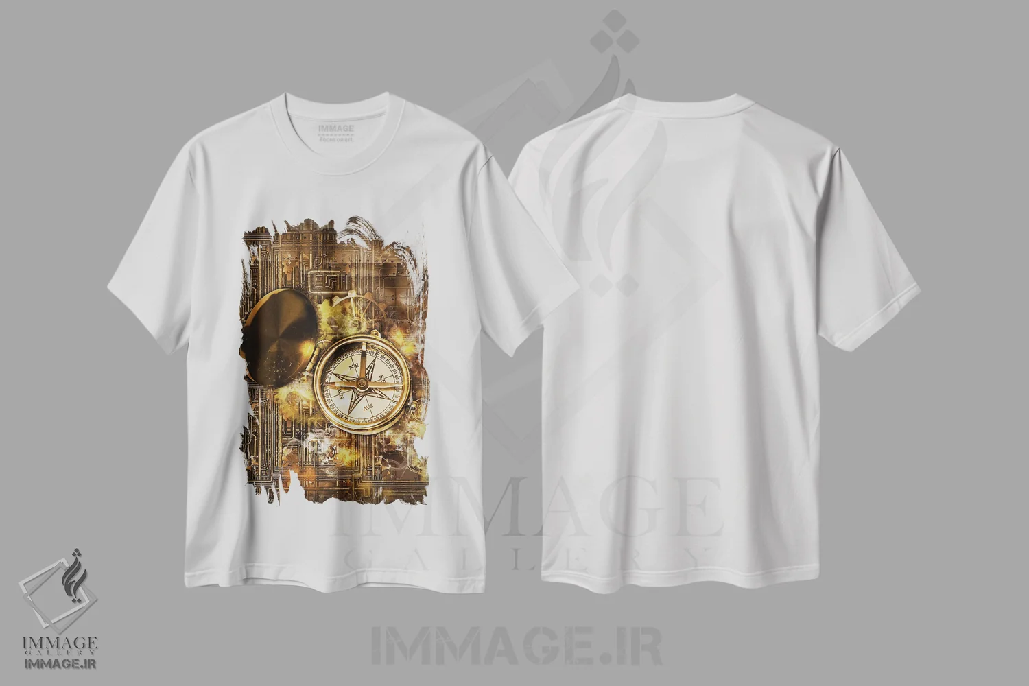 تیشرت سفید طرح دار قطب نما استیم پانک، دکوراسیون جایگزین اثر دورو آرت | immage.ir