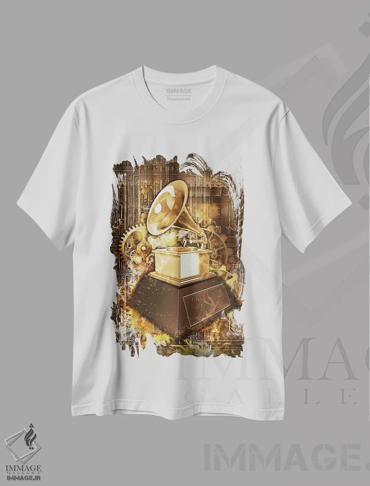 تیشرت سفید طرح دار گرامافون استیم پانک، دکوراسیون جایگزین اثر دورو آرت | immage.ir
