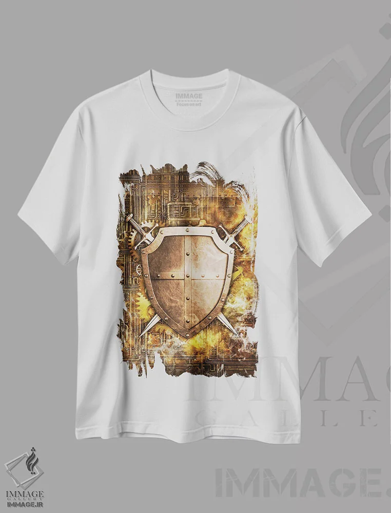 تیشرت سفید طرح دار شمشیر و سپر استیم پانک، هنر دیجیتال اثر دورو آرت | immage.ir