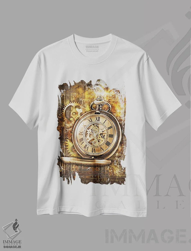 تیشرت سفید طرح دار ساعت استیم پانک، دکوراسیون جایگزین اثر دورو آرت | فروشگاه ایماژ
