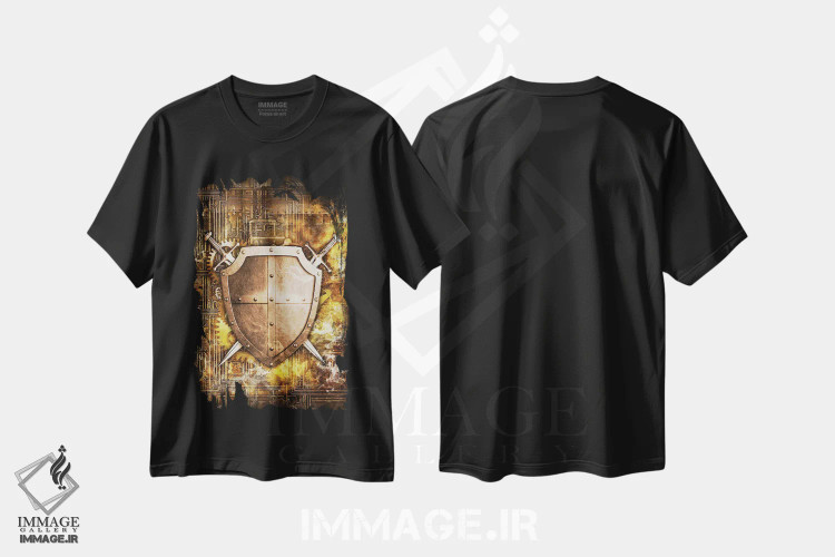 تیشرت مشکی طرح دار شمشیر و سپر استیم پانک، هنر دیجیتال اثر دورو آرت | فروشگاه ایماژ