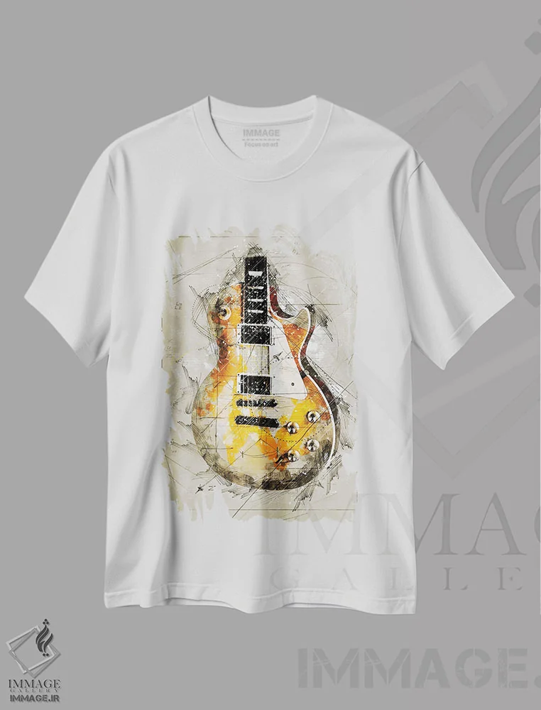 تیشرت سفید طرح دار طرح گیتار، دست نقاشی و طراحی دستی اثر دورو آرت | فروشگاه ایماژ