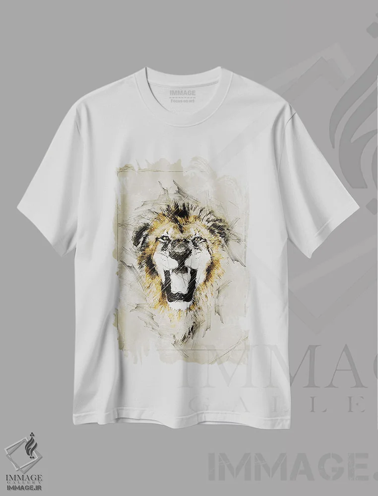 تیشرت سفید طرح دار طرح شیر، دست نقاشی و طراحی دستی اثر دورو آرت | immage.ir