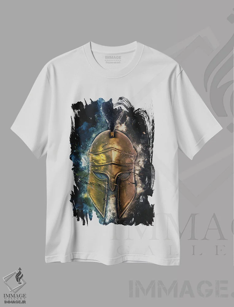 تیشرت سفید طرح دار ماسک اسپارتان، تزئینی اثر دورو آرت | فروشگاه ایماژ