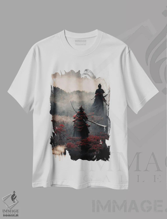 تیشرت سفید طرح دار سامورایی، هنر دیجیتال سیاه و سفید اثر دورو آرت | فروشگاه ایماژ
