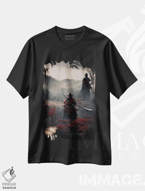 تیشرت مشکی طرح دار سامورایی، هنر دیجیتال سیاه و سفید اثر دورو آرت | immage.ir
