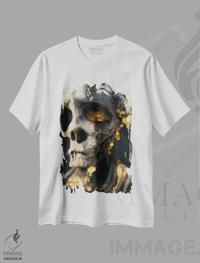 تیشرت سفید طرح دار جمجمه طلایی، هنر دیجیتال اثر دورو آرت | فروشگاه ایماژ