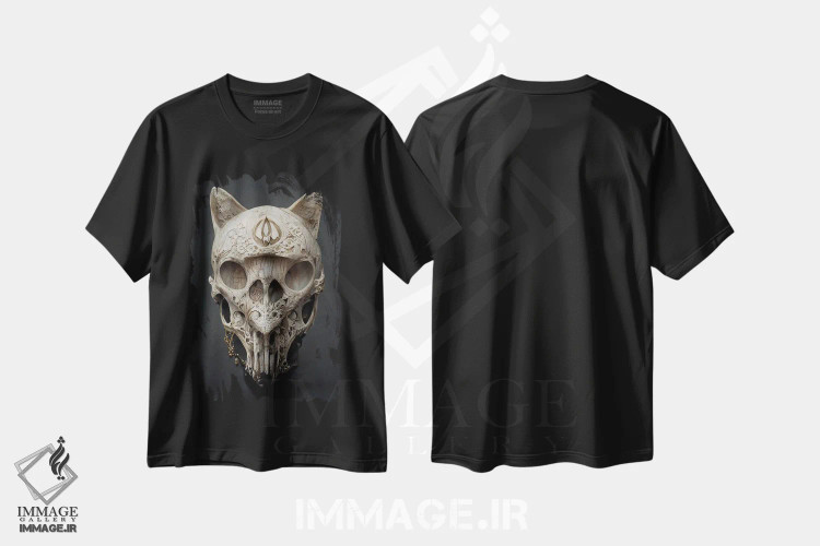 تیشرت مشکی طرح دار جمجمه گربه، هنر دیجیتال اثر دورو آرت | فروشگاه ایماژ