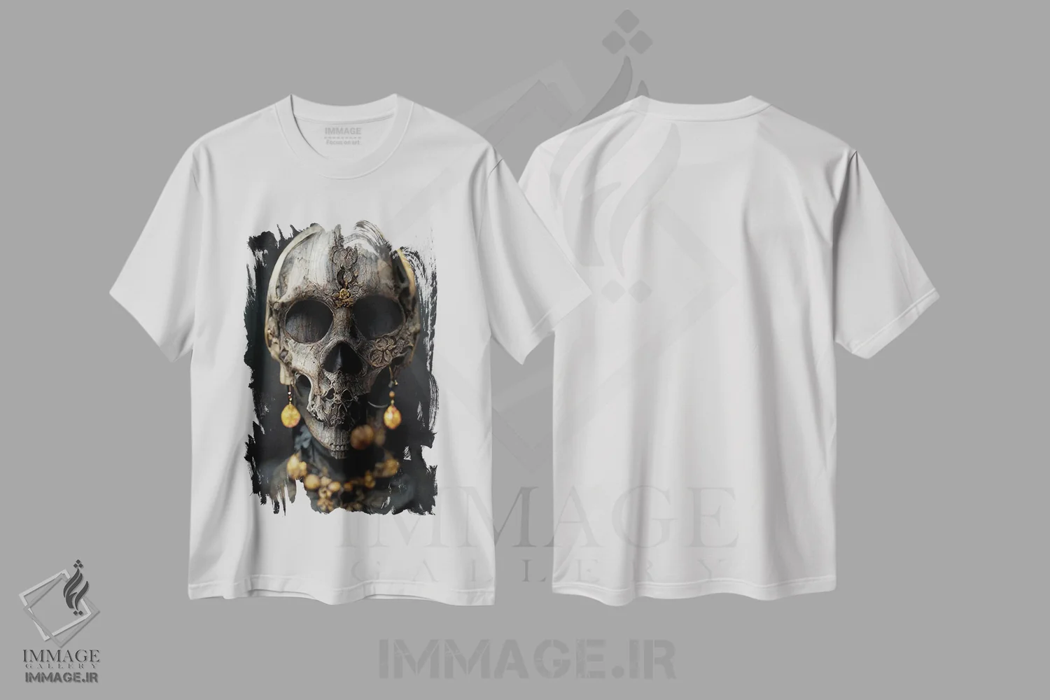 تیشرت سفید طرح دار جمجمه طلایی III، هنر دیجیتال اثر دورو آرت | immage.ir