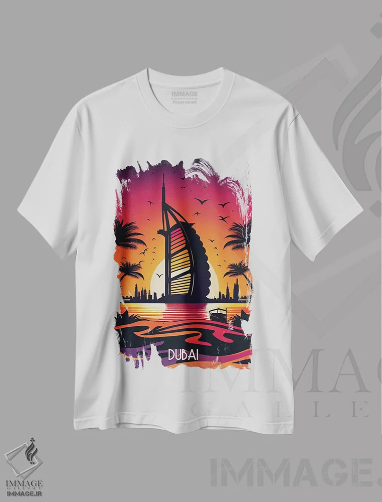 تیشرت سفید طرح دار شهر دبی، هنر دیجیتال اثر دورو آرت | فروشگاه ایماژ