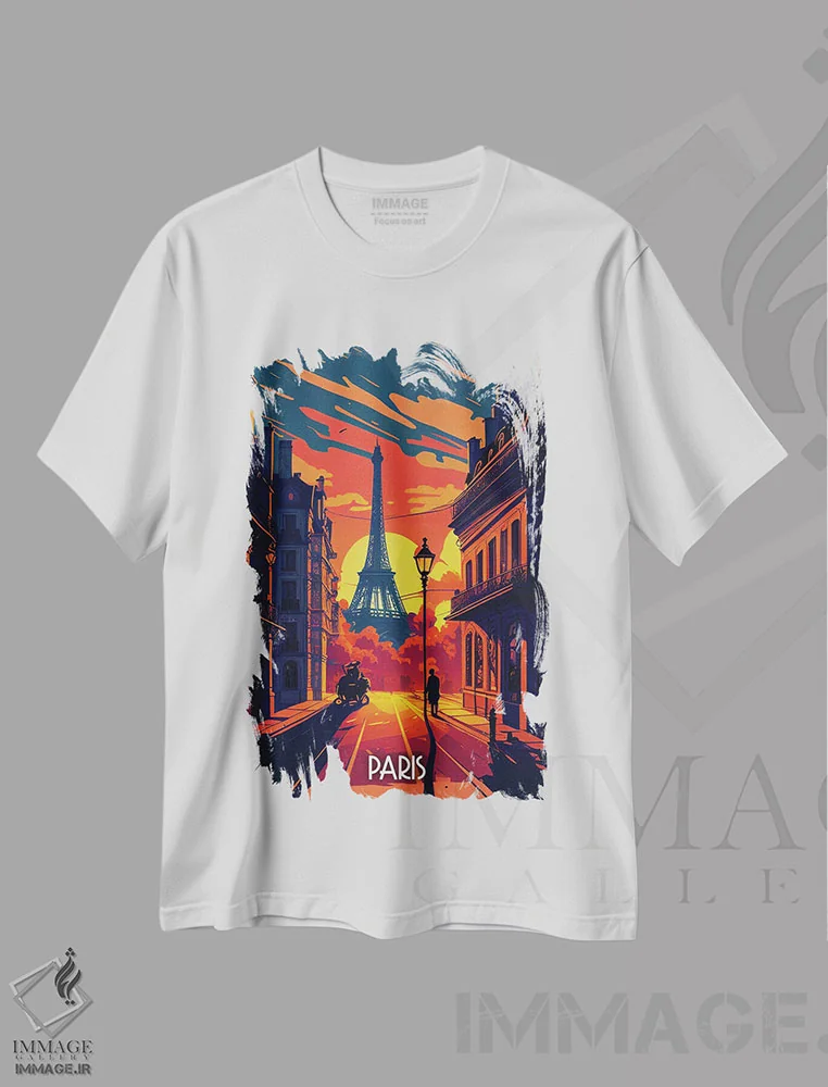 تیشرت سفید طرح دار شهر پاریس، هنر دیجیتال اثر دورو آرت | فروشگاه ایماژ