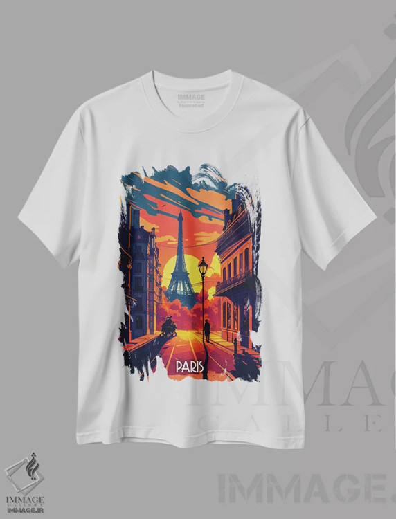 تیشرت سفید طرح دار شهر پاریس، هنر دیجیتال اثر دورو آرت | فروشگاه ایماژ