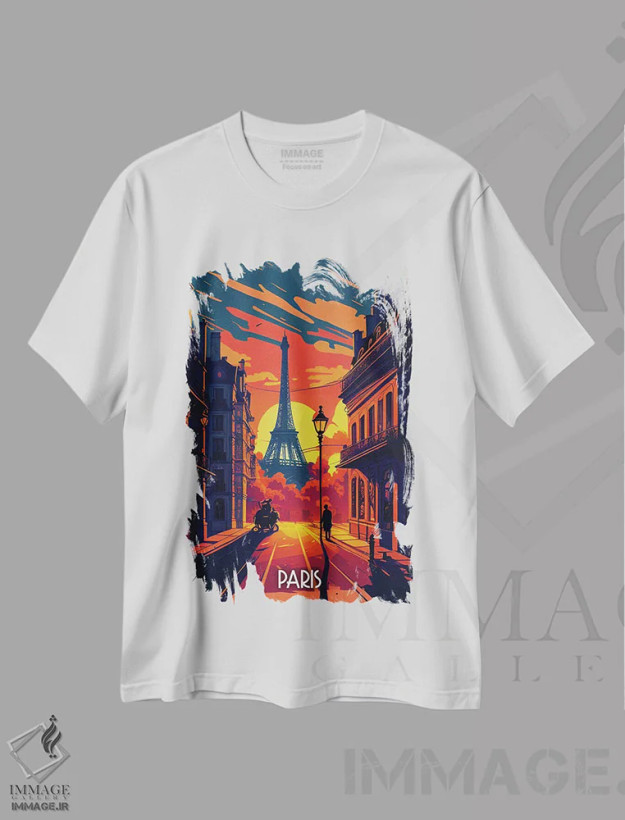 تیشرت سفید طرح دار شهر پاریس، هنر دیجیتال اثر دورو آرت | فروشگاه ایماژ
