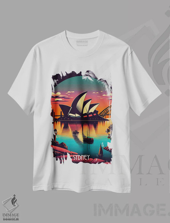 تیشرت سفید طرح دار شهر سیدنی، هنر دیجیتال اثر دورو آرت | فروشگاه ایماژ
