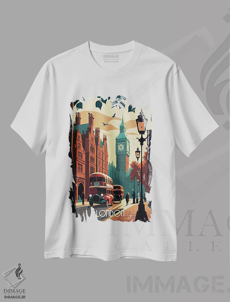 تیشرت سفید طرح دار شهر لندن، هنر دیجیتال اثر دورو آرت | فروشگاه ایماژ
