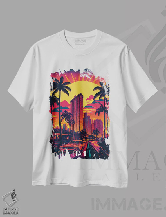 تیشرت سفید طرح دار شهر میامی، هنر دیجیتال اثر دورو آرت | فروشگاه ایماژ