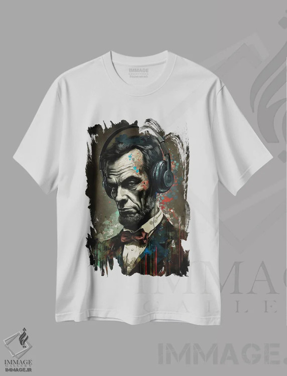 تیشرت سفید طرح دار لینکلن با هدفون II، هنر دیجیتال اثر دورو آرت | فروشگاه ایماژ