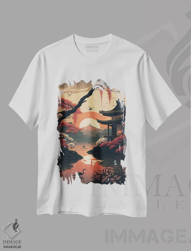تیشرت سفید طرح دار باغ ژاپنی II، هنر دیجیتال اثر دورو آرت | فروشگاه ایماژ