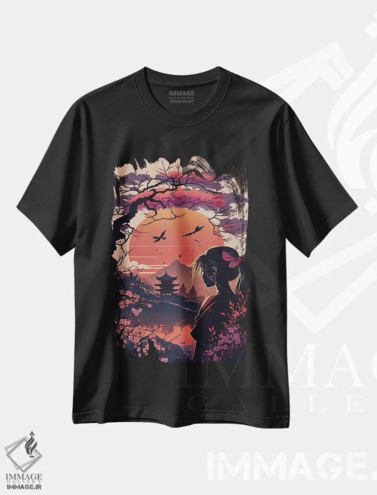 تیشرت مشکی طرح دار باغ ژاپنی، دکور آسیایی اثر دورو آرت | immage.ir