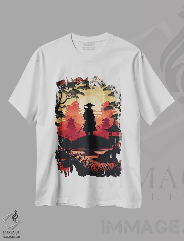 تیشرت سفید طرح دار سامورایی ژاپنی، هنر دیجیتال اثر دورو آرت | فروشگاه ایماژ