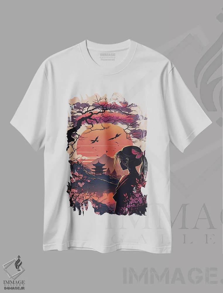 تیشرت سفید طرح دار باغ ژاپنی، دکور آسیایی اثر دورو آرت | فروشگاه ایماژ