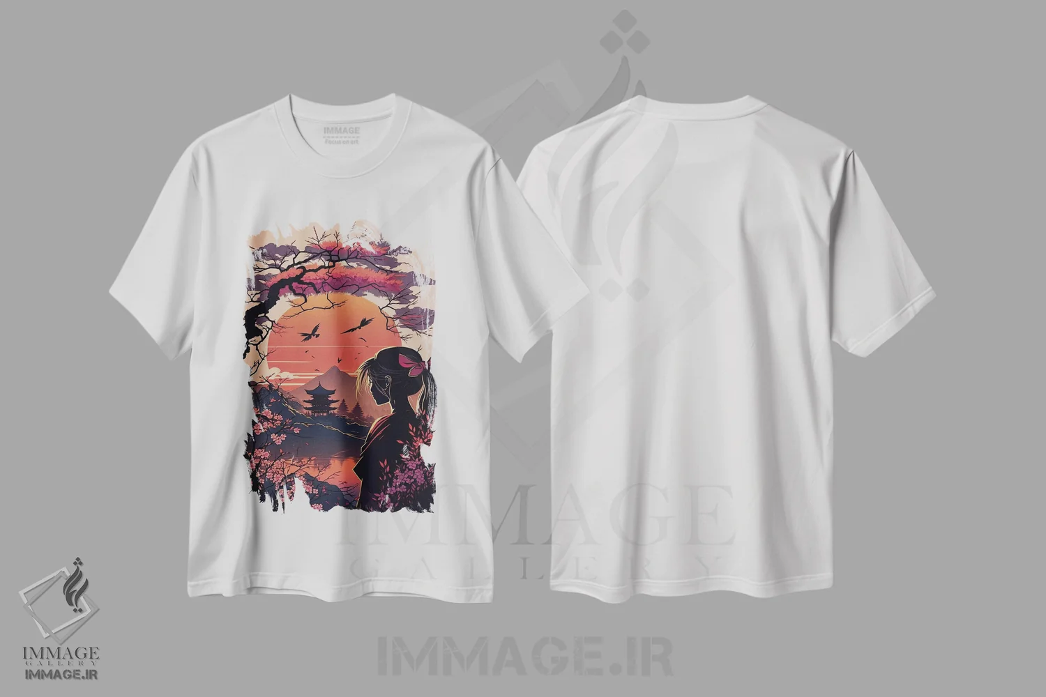 تیشرت سفید طرح دار باغ ژاپنی، دکور آسیایی اثر دورو آرت | فروشگاه ایماژ