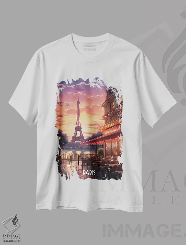 تیشرت سفید طرح دار هنر شهر پاریس، هنر دیجیتال اثر دورو آرت | فروشگاه ایماژ