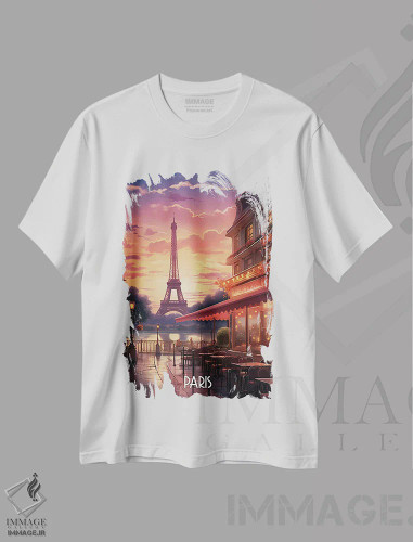 تیشرت سفید طرح دار هنر شهر پاریس، هنر دیجیتال اثر دورو آرت | فروشگاه ایماژ