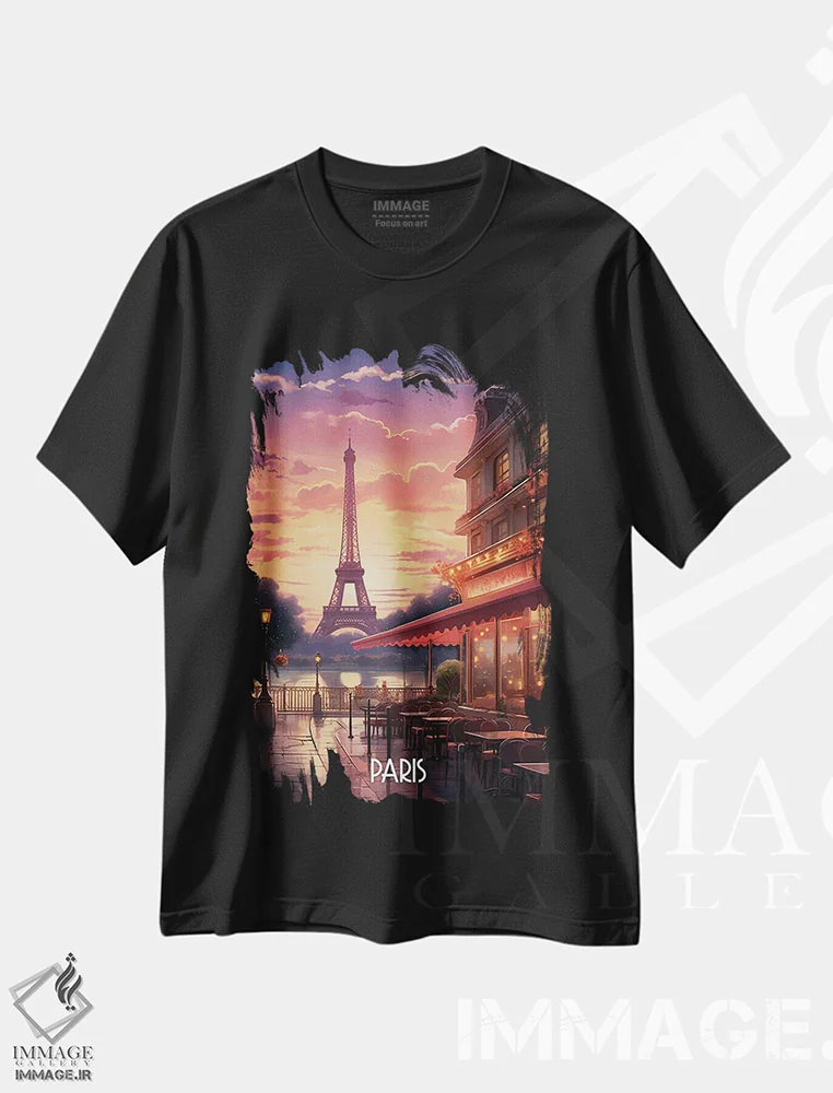 تیشرت مشکی طرح دار هنر شهر پاریس، هنر دیجیتال اثر دورو آرت | immage.ir