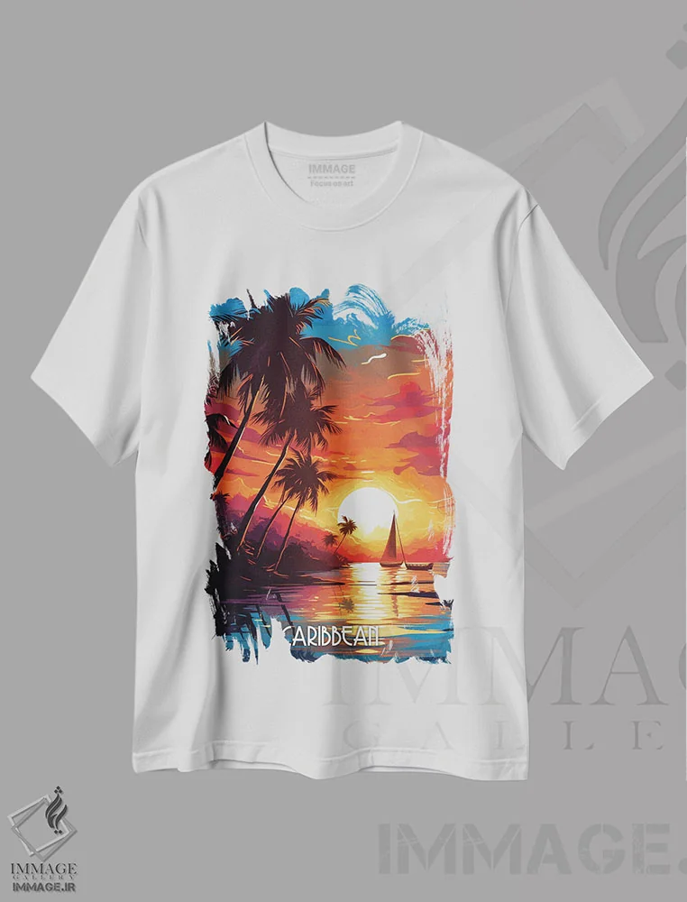 تیشرت سفید طرح دار غروب کاریب، هنر دیجیتال اثر دورو آرت | immage.ir