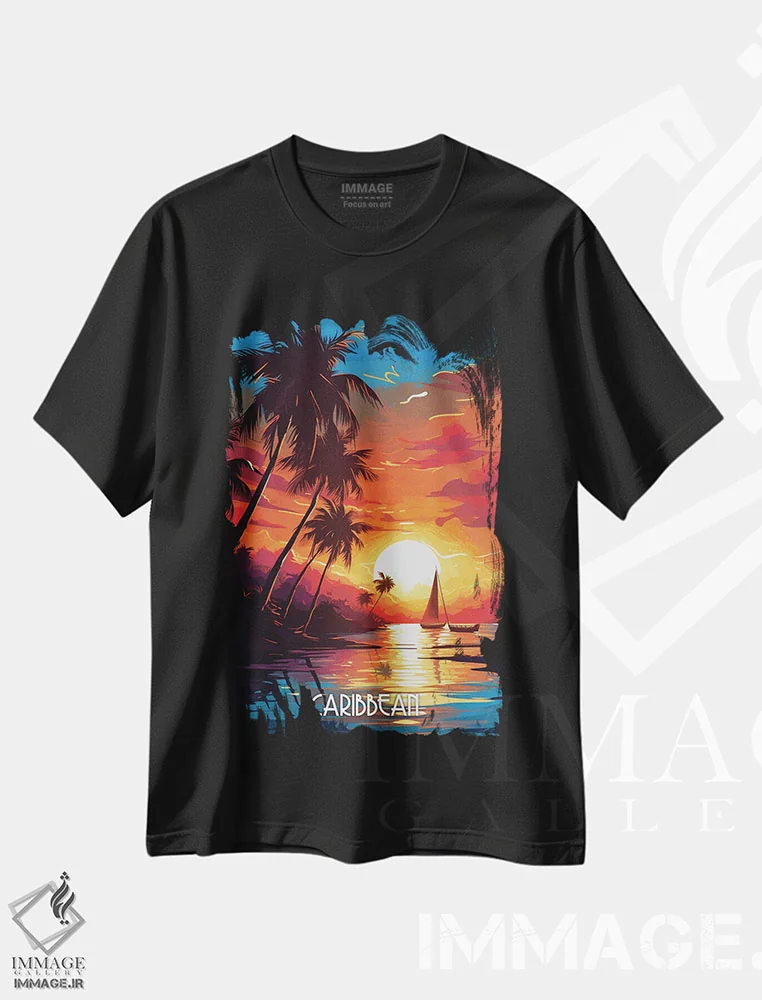 تیشرت مشکی طرح دار غروب کاریب، هنر دیجیتال اثر دورو آرت | فروشگاه ایماژ