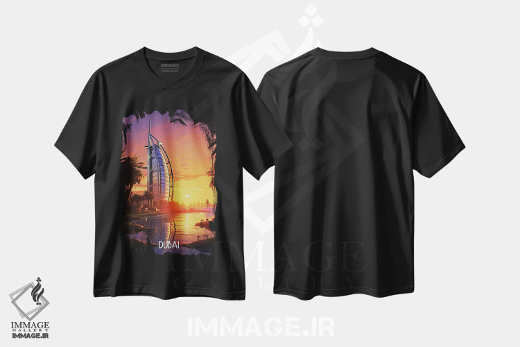 تیشرت مشکی طرح دار هنر شهر دبی، هنر دیجیتال اثر دورو آرت | immage.ir