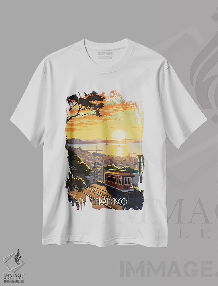 تیشرت سفید طرح دار هنر شهر سان فرانسیسکو، هنر دیجیتال اثر دورو آرت | immage.ir