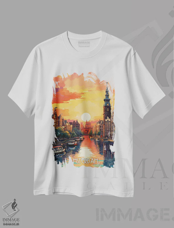 تیشرت سفید طرح دار شهر آمستردام، هنر دیجیتال اثر دورو آرت | فروشگاه ایماژ