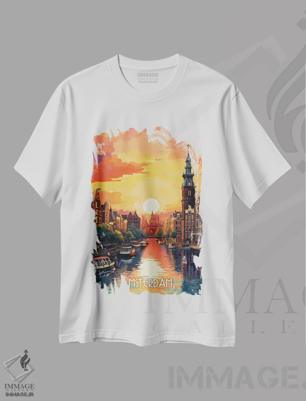 تیشرت سفید طرح دار شهر آمستردام، هنر دیجیتال اثر دورو آرت | فروشگاه ایماژ