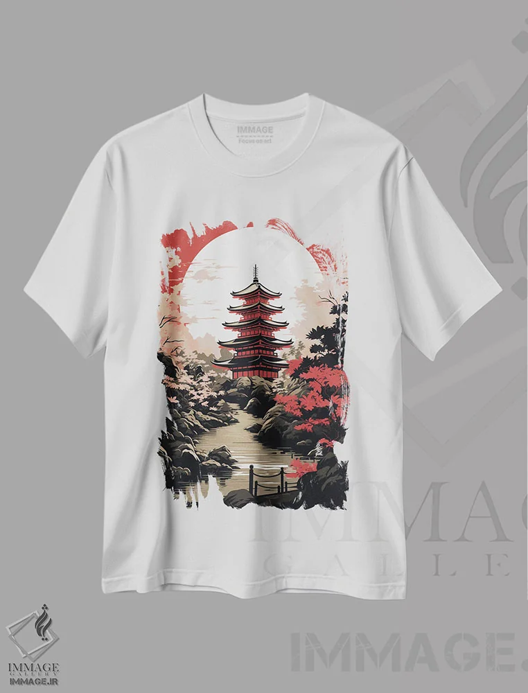 تیشرت سفید طرح دار پاگودای ژاپنی، دکور آسیایی اثر دورو آرت | فروشگاه ایماژ