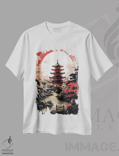 تیشرت سفید طرح دار پاگودای ژاپنی، دکور آسیایی اثر دورو آرت | فروشگاه ایماژ