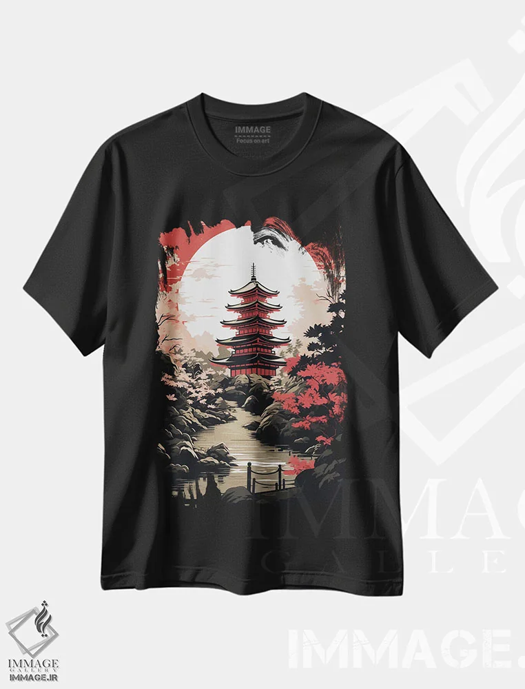 تیشرت مشکی طرح دار پاگودای ژاپنی، دکور آسیایی اثر دورو آرت | immage.ir