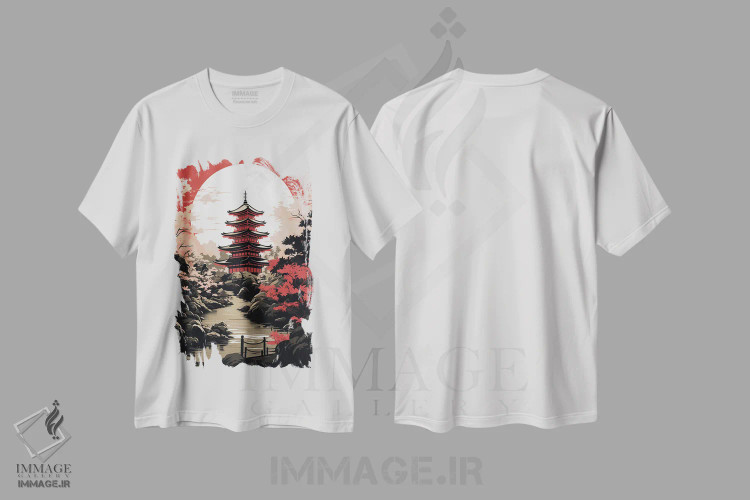 تیشرت سفید طرح دار پاگودای ژاپنی، دکور آسیایی اثر دورو آرت | فروشگاه ایماژ