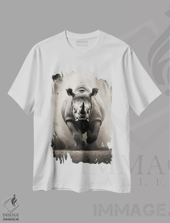 تیشرت سفید طرح دار کرگدن مشکی، هنر دیجیتال سیاه و سفید اثر دورو آرت | فروشگاه ایماژ