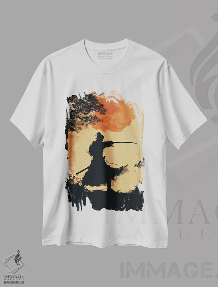 تیشرت سفید طرح دار غروب سامورایی، دکور آسیایی اثر دورو آرت | فروشگاه ایماژ