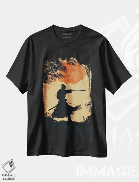 تیشرت مشکی طرح دار غروب سامورایی، دکور آسیایی اثر دورو آرت | immage.ir