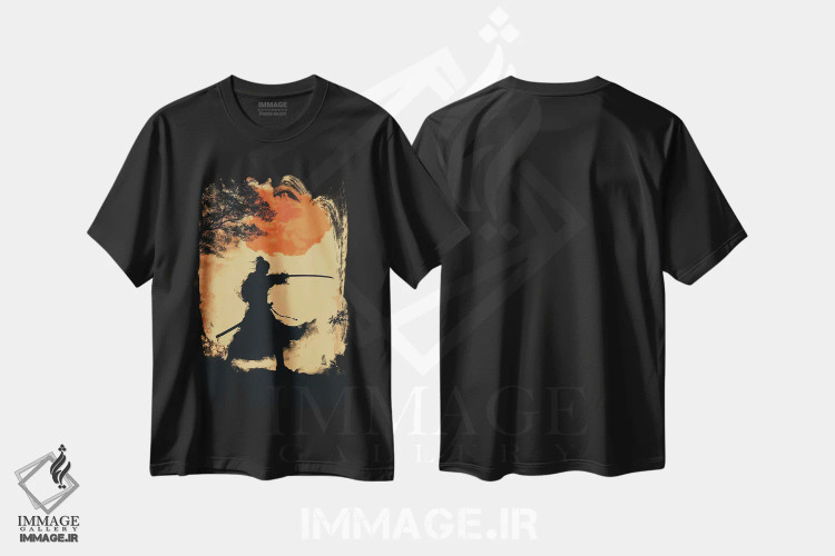 تیشرت مشکی طرح دار غروب سامورایی، دکور آسیایی اثر دورو آرت | immage.ir