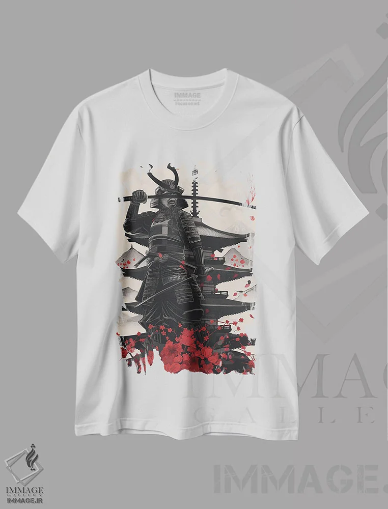 تیشرت سفید طرح دار جنگجوی سامورایی، دکوراسیون جایگزین اثر دورو آرت | فروشگاه ایماژ