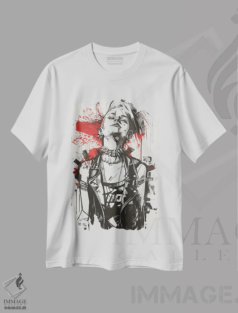 تیشرت سفید طرح دار زن پانک با جوهر سیاه، دکوراسیون جایگزین اثر دورو آرت | فروشگاه ایماژ