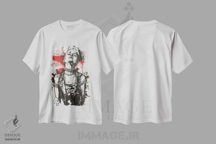 تیشرت سفید طرح دار زن پانک با جوهر سیاه، دکوراسیون جایگزین اثر دورو آرت | فروشگاه ایماژ