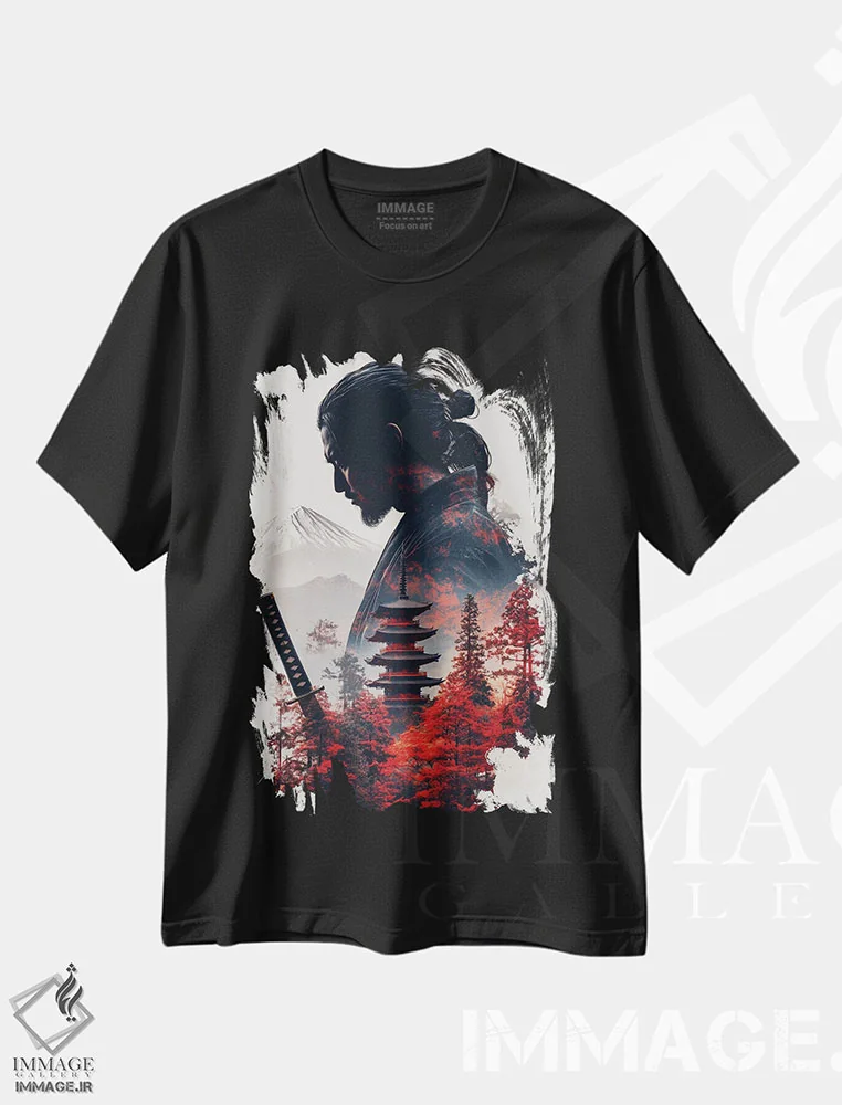 تیشرت مشکی طرح دار قدیس شمشیرزن، دکور آسیایی اثر دورو آرت | immage.ir
