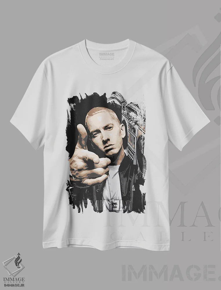 تیشرت سفید طرح دار امینم اثر دورو آرت | immage.ir